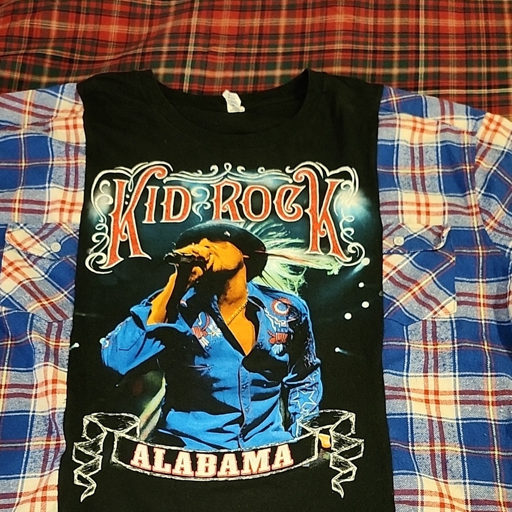 NWOT Blue, Red & White Plaid and Black Graphic Kid Rock Shirt